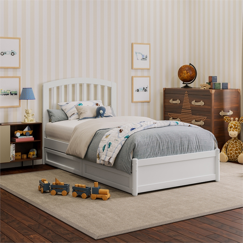 Lucia Twin Platform Bed with Panel Footboard & 2 Storage Drawers in White