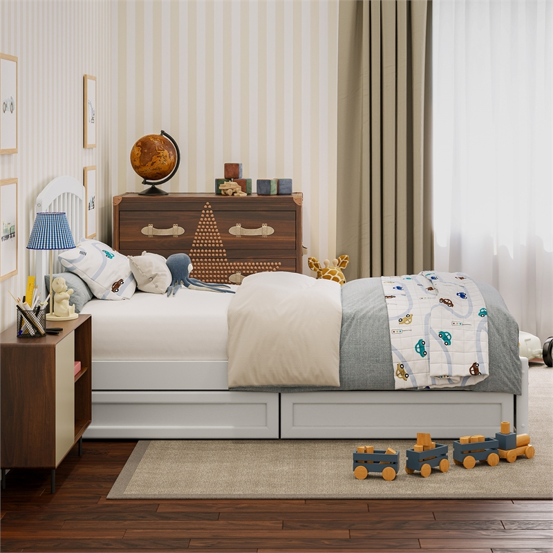 Lucia Twin Platform Bed with Panel Footboard & 2 Storage Drawers in White