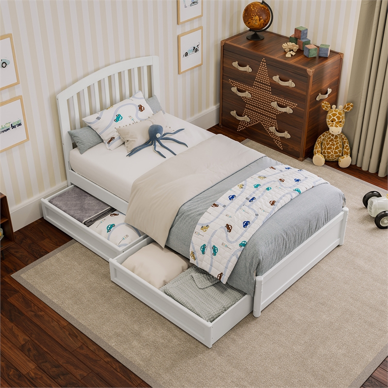 Lucia Twin Platform Bed with Panel Footboard & 2 Storage Drawers in White