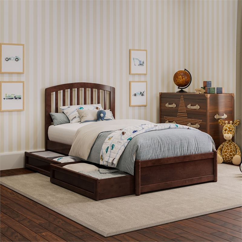 Lucia Twin Platform Bed with Panel Footboard & 2 Storage Drawers in Walnut