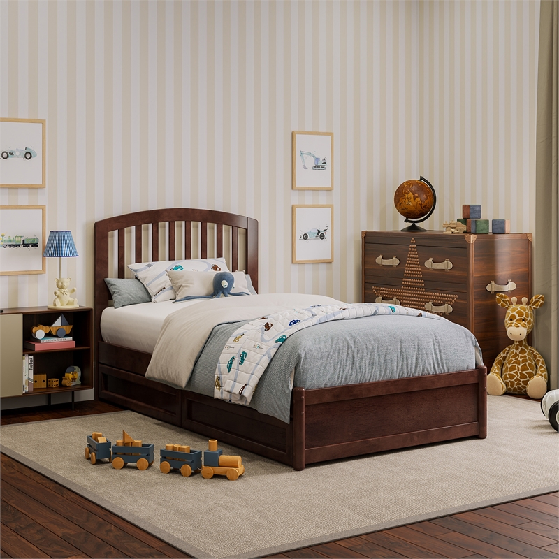 Lucia Twin Platform Bed with Panel Footboard & 2 Storage Drawers in Walnut