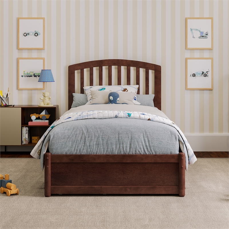 Lucia Twin Platform Bed with Panel Footboard & 2 Storage Drawers in Walnut