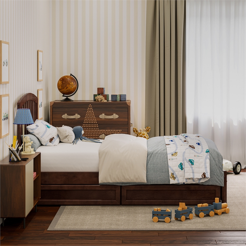 Lucia Twin Platform Bed with Panel Footboard & 2 Storage Drawers in Walnut