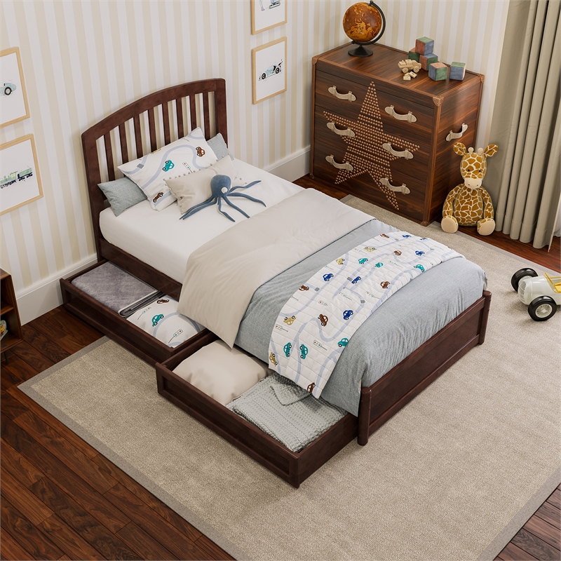 Lucia Twin Platform Bed with Panel Footboard & 2 Storage Drawers in Walnut