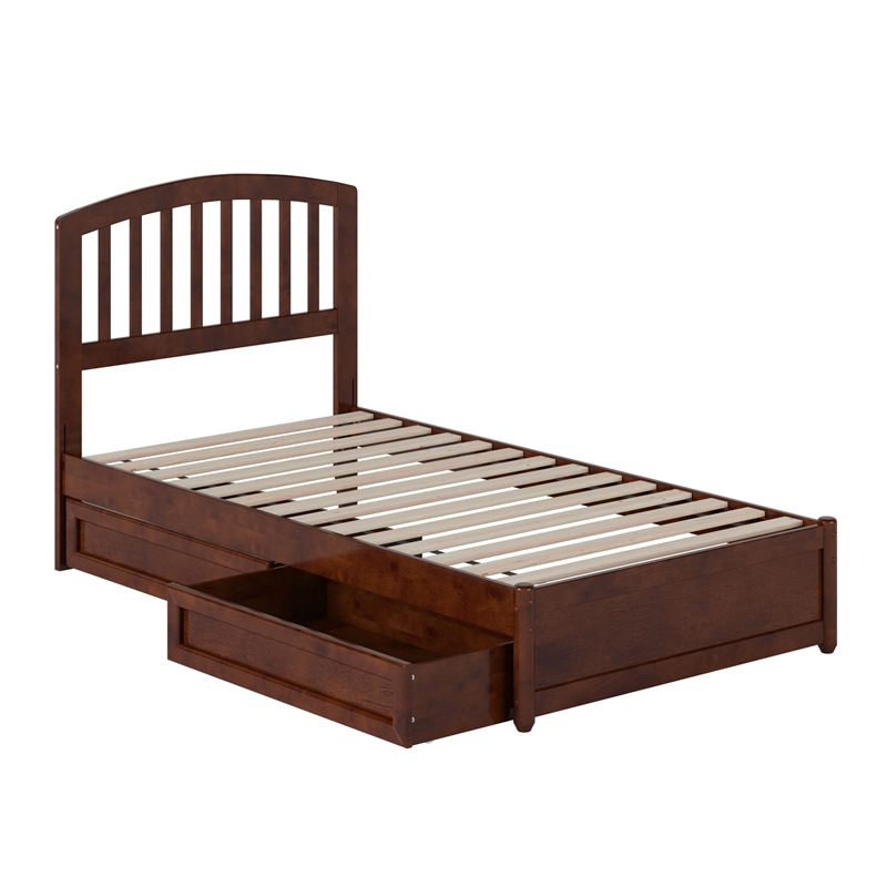 Lucia Twin Platform Bed with Panel Footboard & 2 Storage Drawers in Walnut