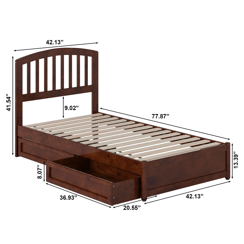 Lucia Twin Platform Bed with Panel Footboard & 2 Storage Drawers in Walnut