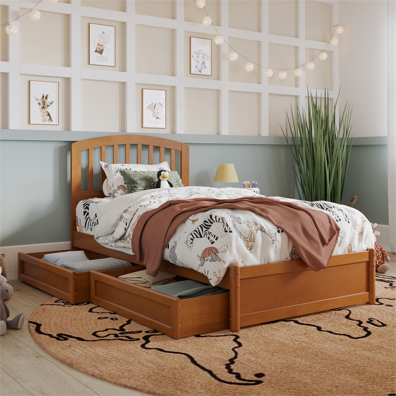 Lucia Twin Platform Bed with Panel Footboard & 2 Storage Drawers in Light Toffee