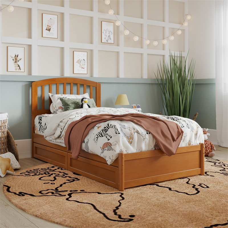 Lucia Twin Platform Bed with Panel Footboard & 2 Storage Drawers in Light Toffee