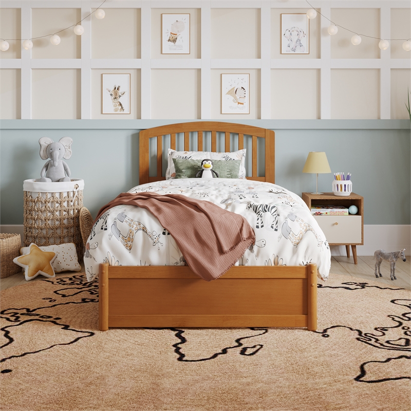 Lucia Twin Platform Bed with Panel Footboard & 2 Storage Drawers in Light Toffee