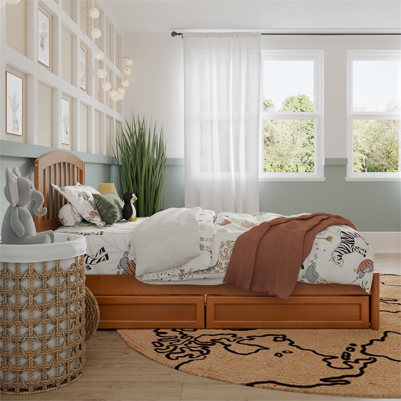 Lucia Twin Platform Bed with Panel Footboard & 2 Storage Drawers in Light Toffee