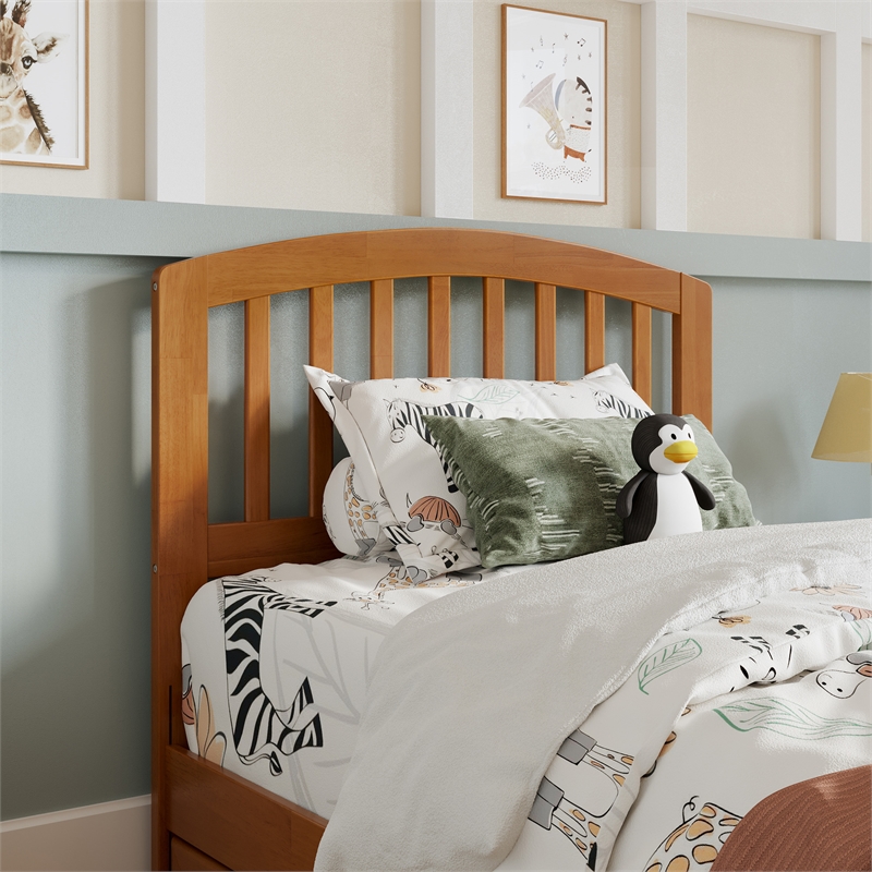 Lucia Twin Platform Bed with Panel Footboard & 2 Storage Drawers in Light Toffee