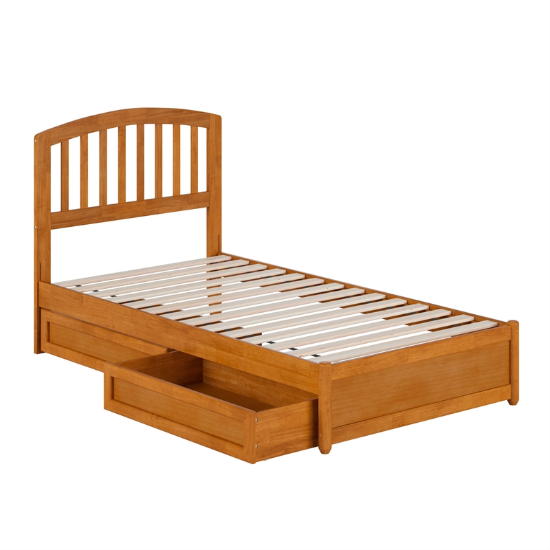 Lucia Twin Platform Bed with Panel Footboard & 2 Storage Drawers in Light Toffee