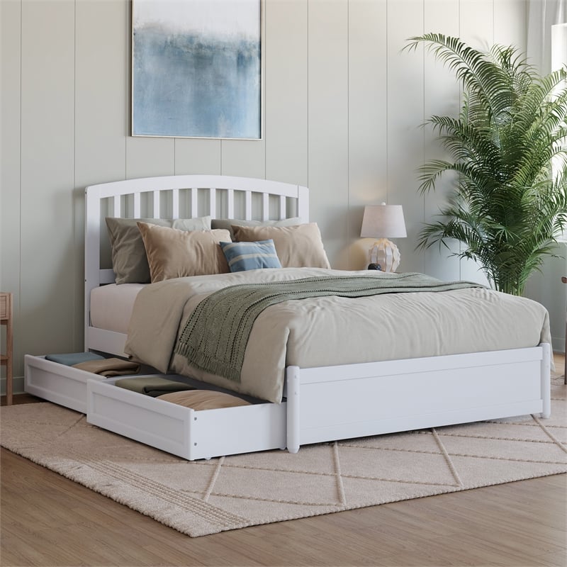 Lucia Full Platform Bed with Panel Footboard & 2 Storage Drawers in White
