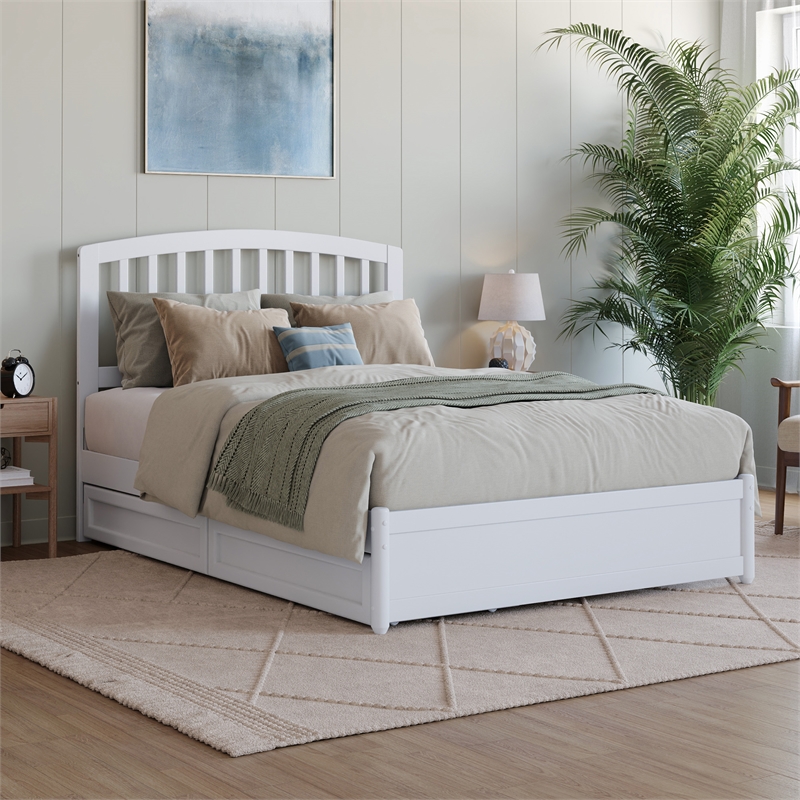 Lucia Full Platform Bed with Panel Footboard & 2 Storage Drawers in White