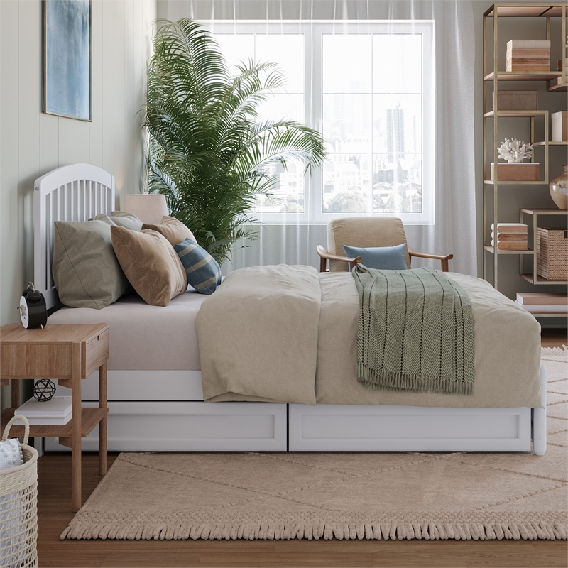 Lucia Full Platform Bed with Panel Footboard & 2 Storage Drawers in White