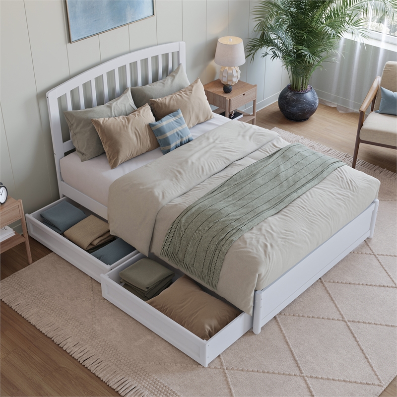Lucia Full Platform Bed with Panel Footboard & 2 Storage Drawers in White