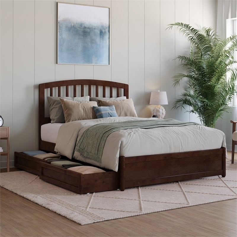 Lucia Full Platform Bed with Panel Footboard & 2 Storage Drawers in Walnut