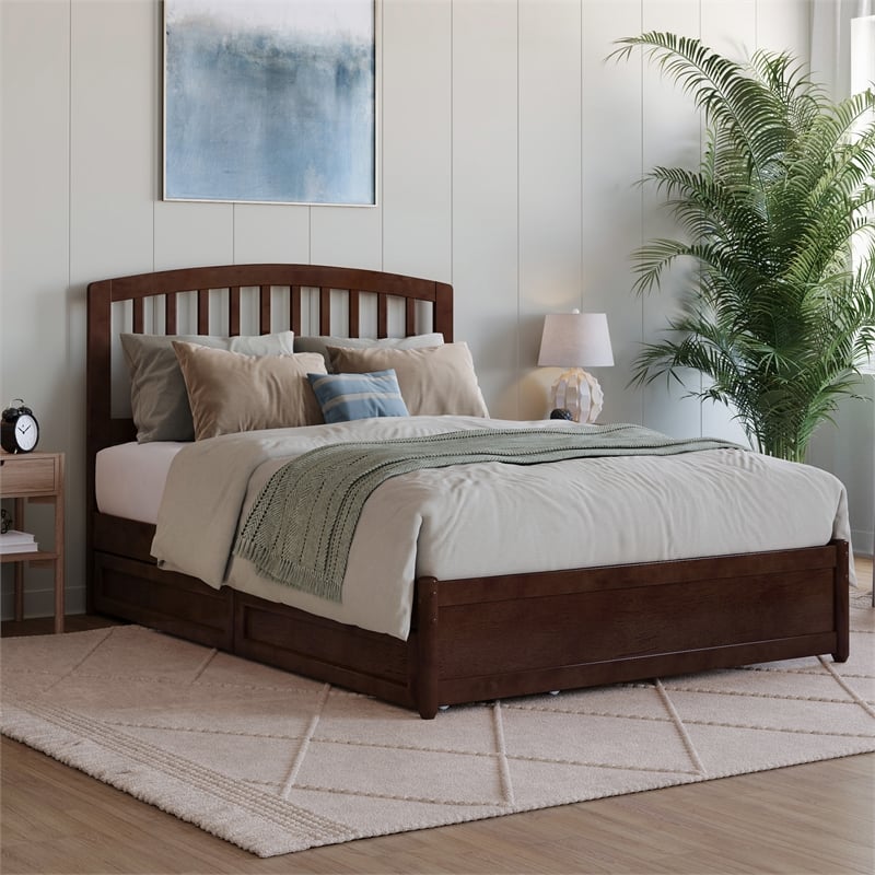 Lucia Full Platform Bed with Panel Footboard & 2 Storage Drawers in Walnut