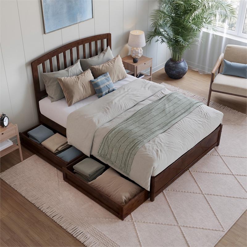 Lucia Full Platform Bed with Panel Footboard & 2 Storage Drawers in Walnut