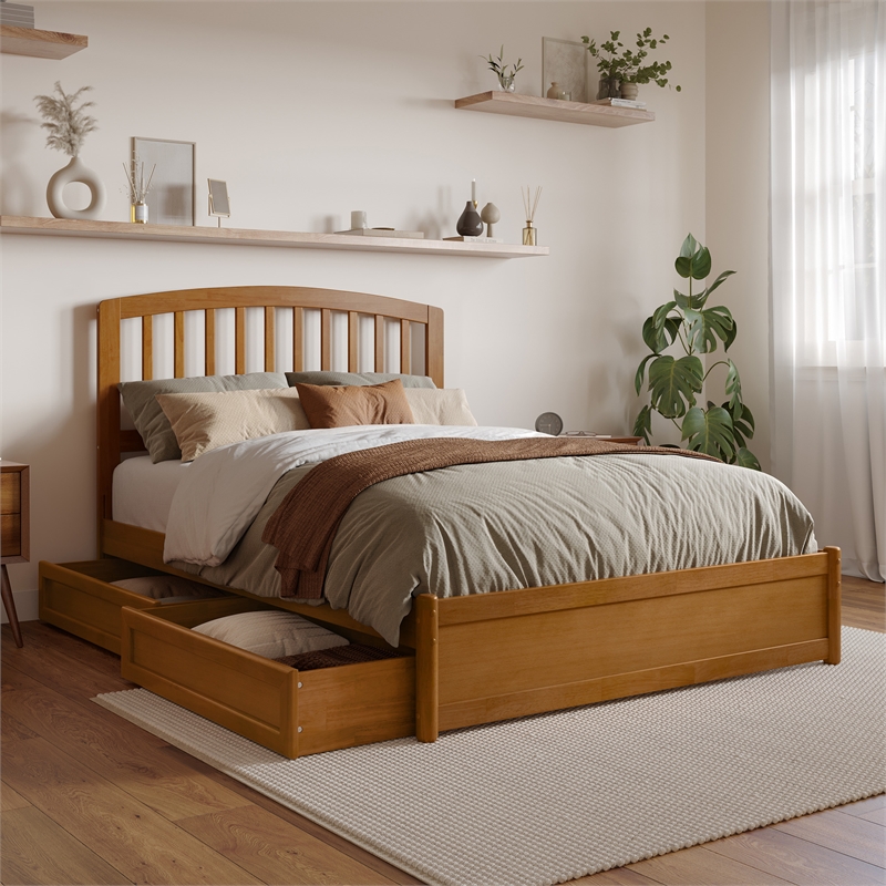 Lucia Full Platform Bed with Panel Footboard & 2 Storage Drawers in Light Toffee