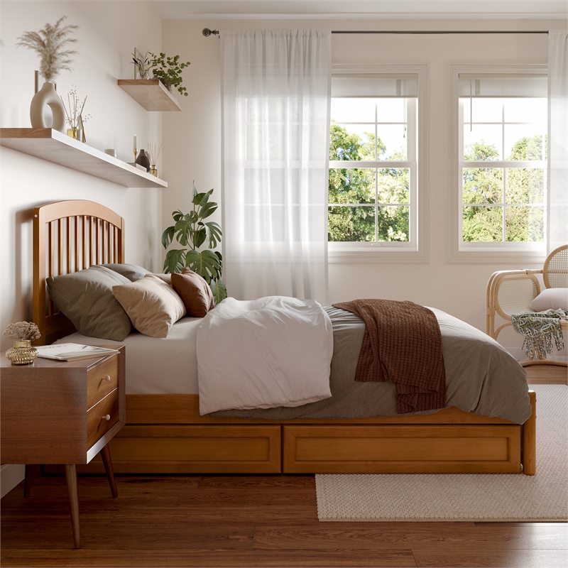 Lucia Full Platform Bed with Panel Footboard & 2 Storage Drawers in Light Toffee