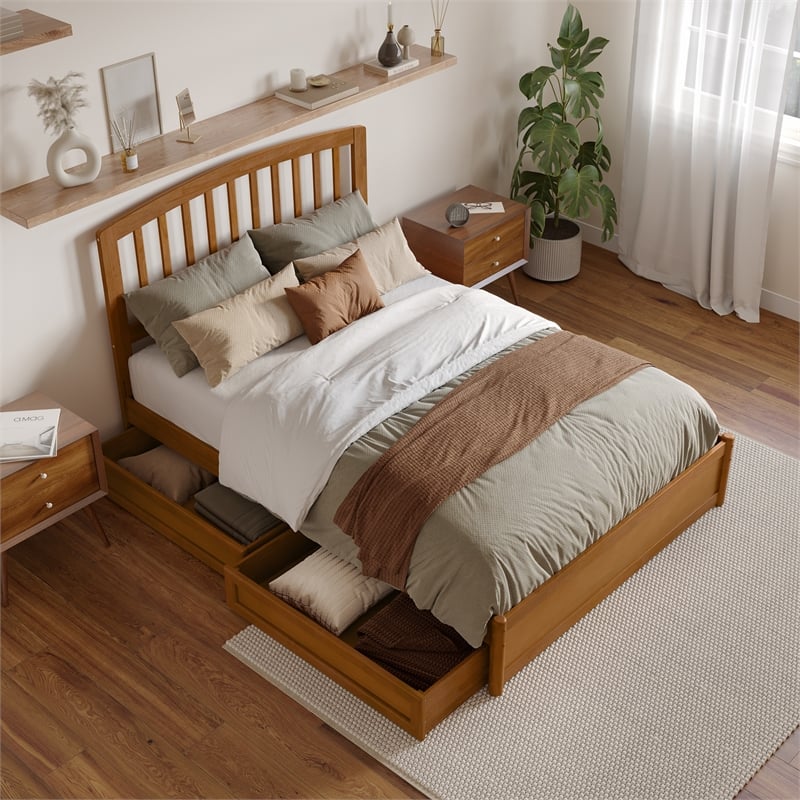Lucia Full Platform Bed with Panel Footboard & 2 Storage Drawers in Light Toffee