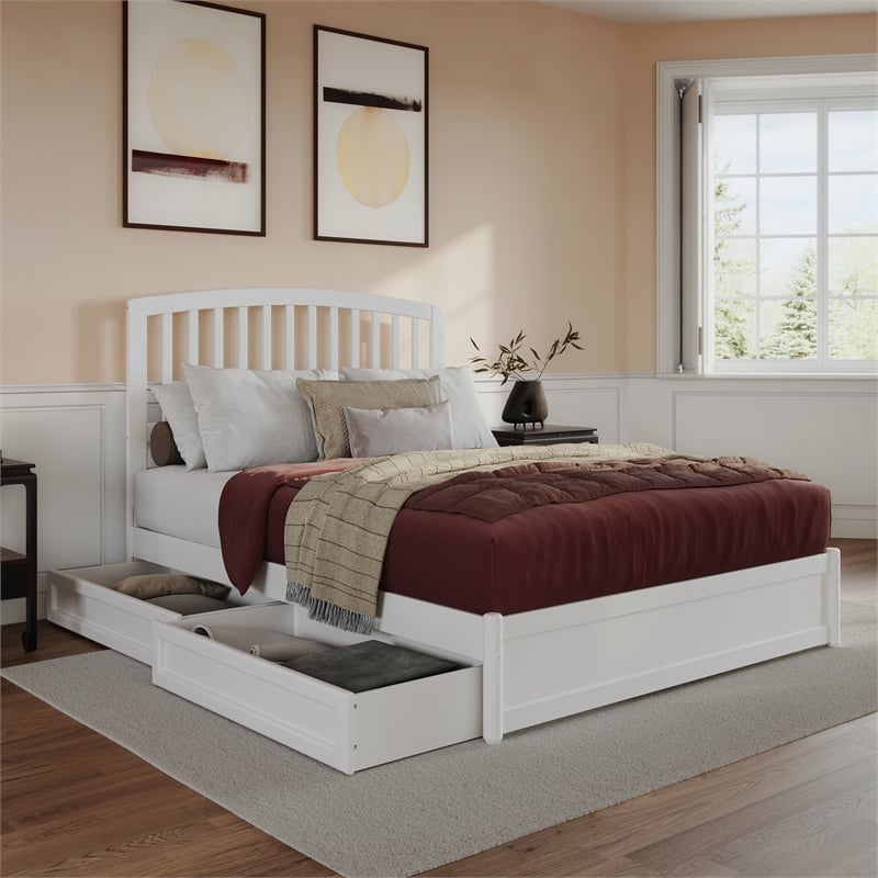 Lucia Queen Platform Bed with Panel Footboard & 2 Storage Drawers in White