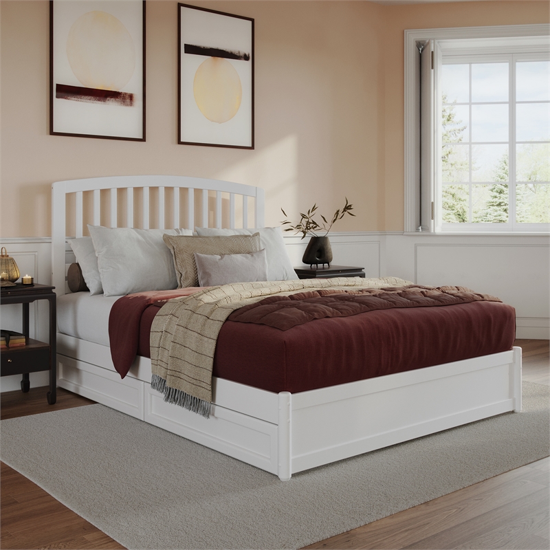 Lucia Queen Platform Bed with Panel Footboard & 2 Storage Drawers in White