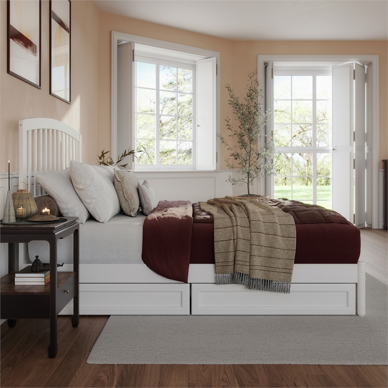 Lucia Queen Platform Bed with Panel Footboard & 2 Storage Drawers in White