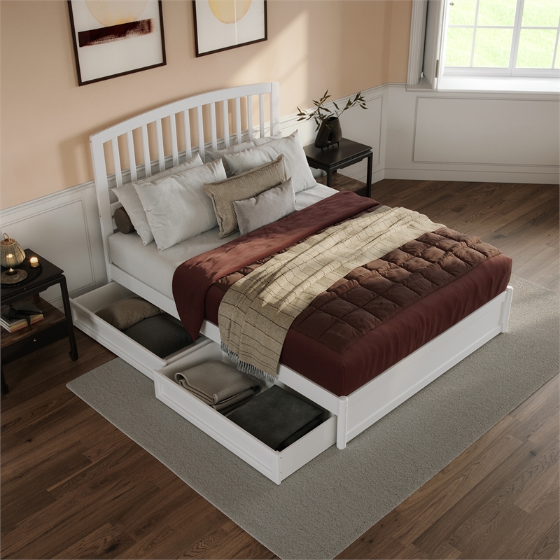 Lucia Queen Platform Bed with Panel Footboard & 2 Storage Drawers in White
