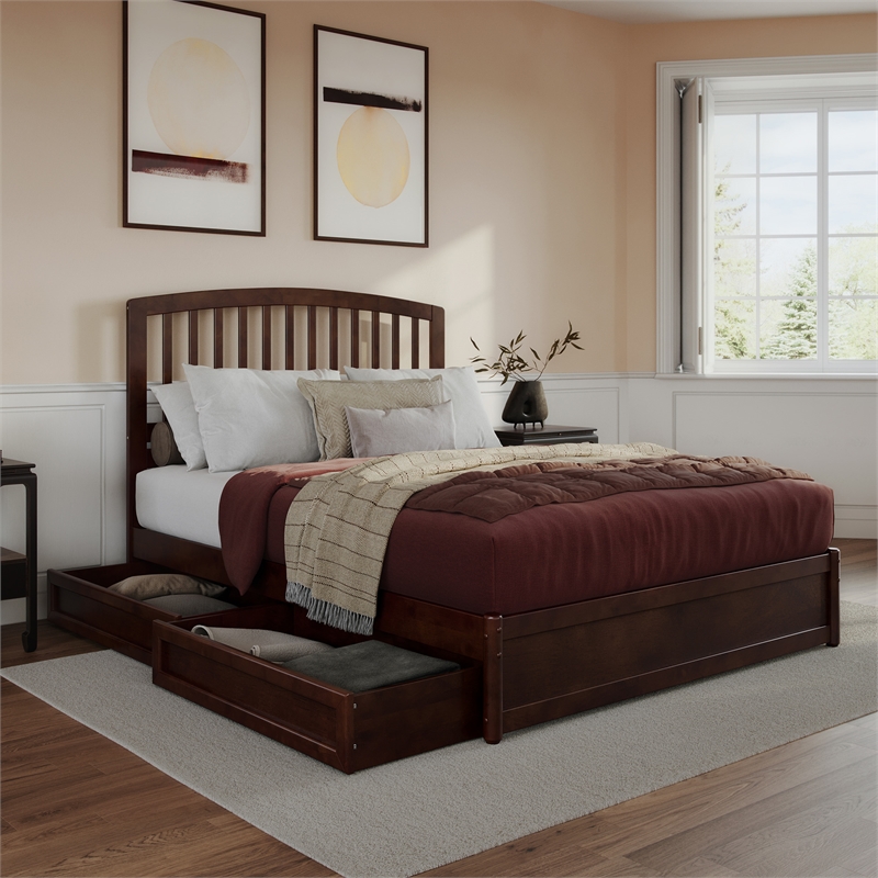 Lucia Queen Platform Bed with Panel Footboard & 2 Storage Drawers in Walnut