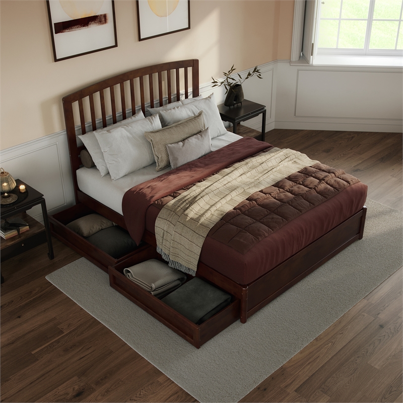 Lucia Queen Platform Bed with Panel Footboard & 2 Storage Drawers in Walnut