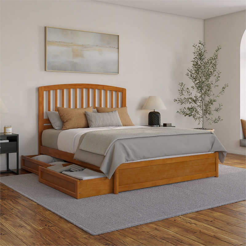 Lucia Queen Platform Bed w/ Panel Footboard & 2 Storage Drawers in Light Toffee