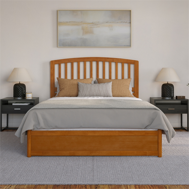 Lucia Queen Platform Bed w/ Panel Footboard & 2 Storage Drawers in Light Toffee