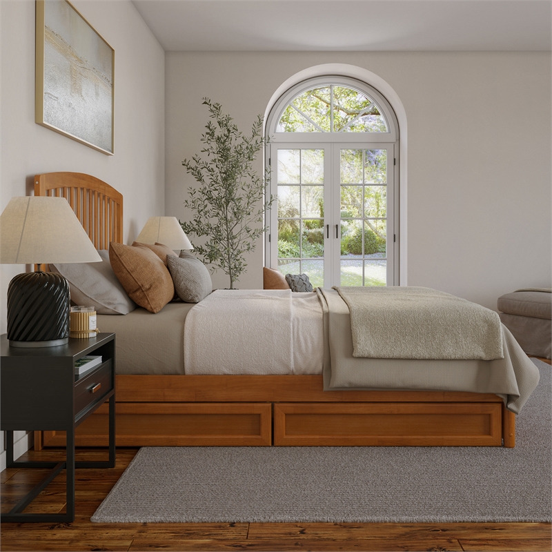 Lucia Queen Platform Bed w/ Panel Footboard & 2 Storage Drawers in Light Toffee