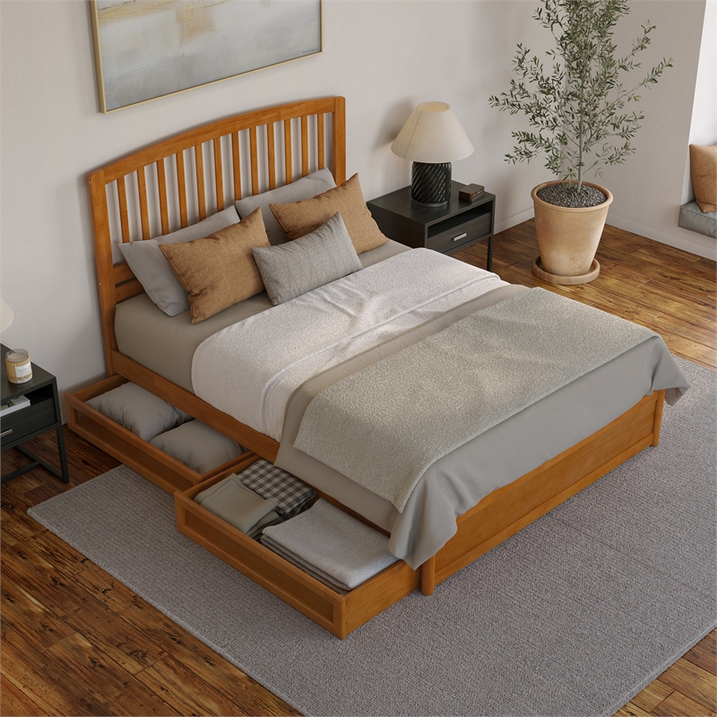 Lucia Queen Platform Bed w/ Panel Footboard & 2 Storage Drawers in Light Toffee