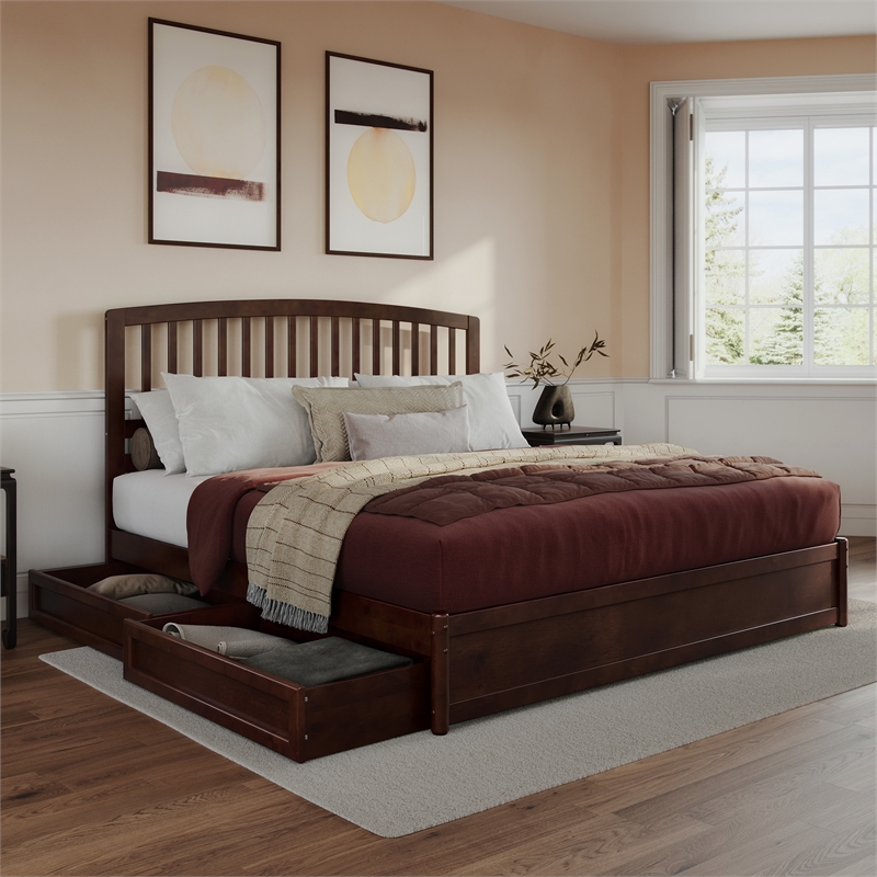Lucia King Platform Bed with Panel Footboard & 2 Storage Drawers in Walnut