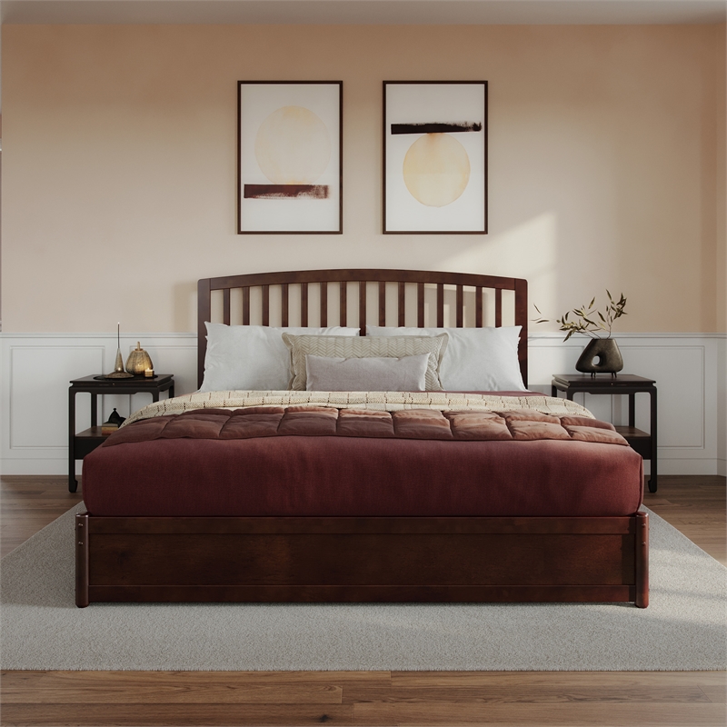 Lucia King Platform Bed with Panel Footboard & 2 Storage Drawers in Walnut