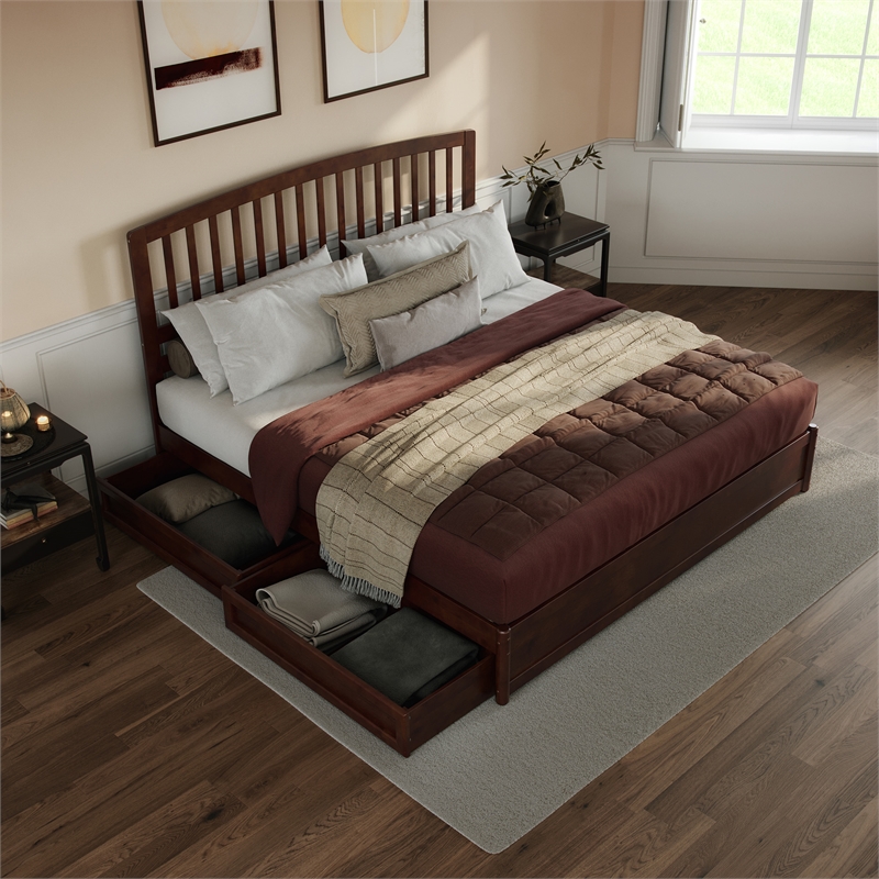 Lucia King Platform Bed with Panel Footboard & 2 Storage Drawers in Walnut
