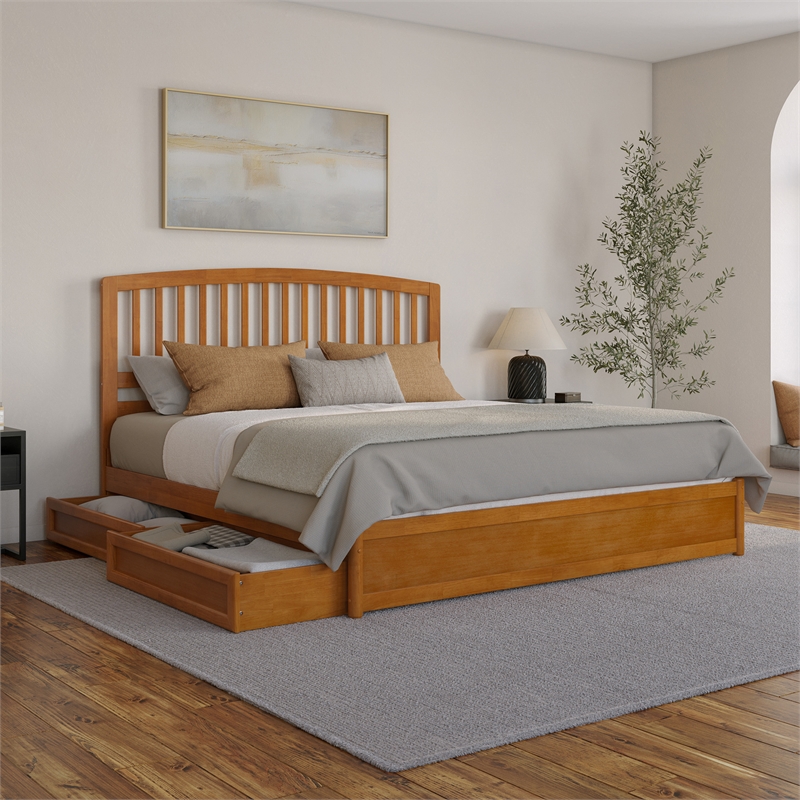 Lucia King Platform Bed with Panel Footboard & 2 Storage Drawers in Light Toffee