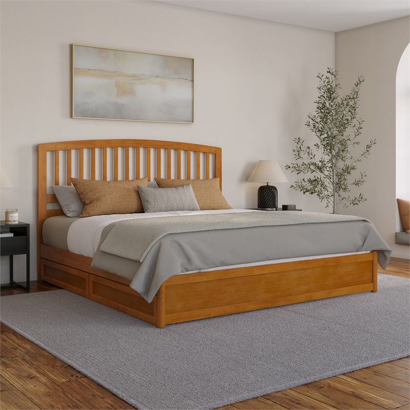 Lucia King Platform Bed with Panel Footboard & 2 Storage Drawers in Light Toffee