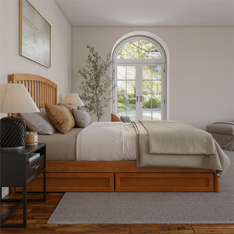 Lucia King Platform Bed with Panel Footboard & 2 Storage Drawers in Light Toffee