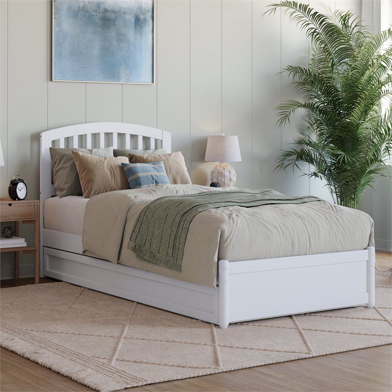 Lucia Twin XL Wood Platform Bed with Panel Footboard & Twin XL Trundle in White