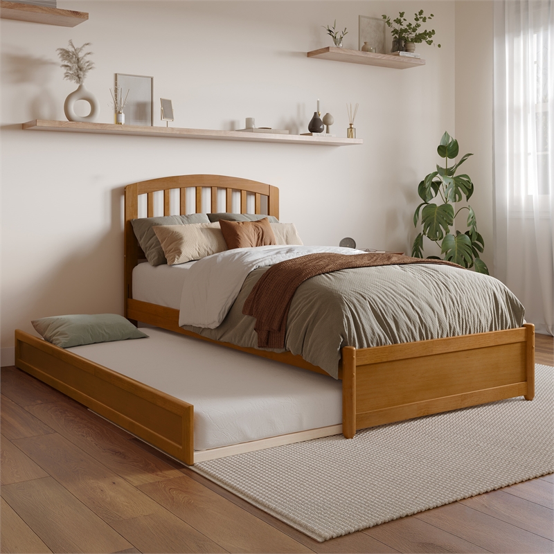 Lucia Twin XL Platform Bed with Panel Footboard & TXL Trundle in Light Toffee