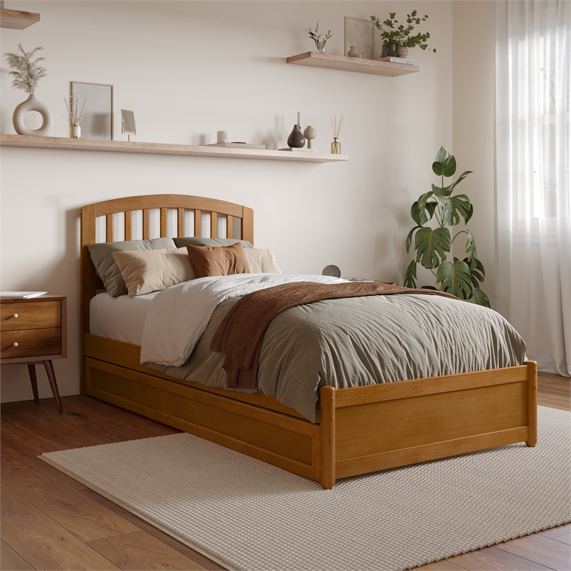 Lucia Twin XL Platform Bed with Panel Footboard & TXL Trundle in Light Toffee