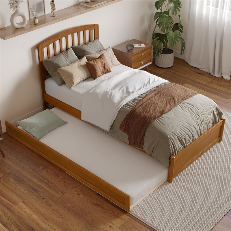 Lucia Twin XL Platform Bed with Panel Footboard & TXL Trundle in Light Toffee