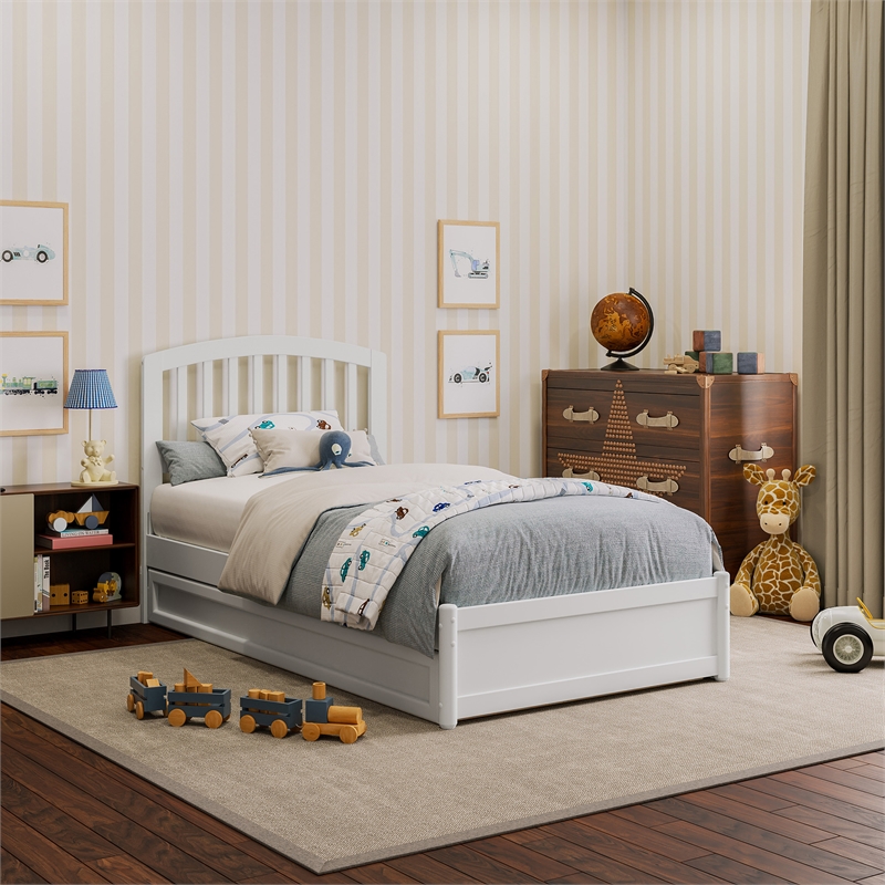 Lucia Twin Wood Platform Bed with Panel Footboard and Twin Trundle in White