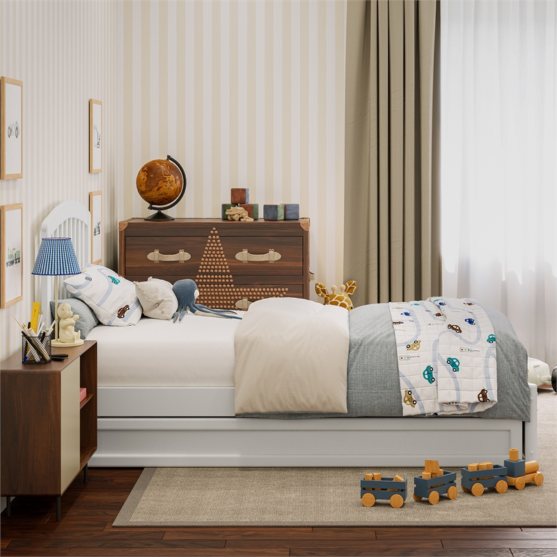 Lucia Twin Wood Platform Bed with Panel Footboard and Twin Trundle in White