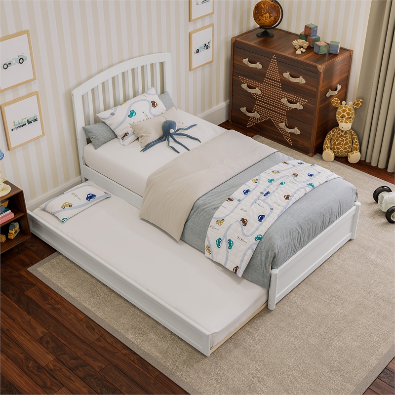 Lucia Twin Wood Platform Bed with Panel Footboard and Twin Trundle in White