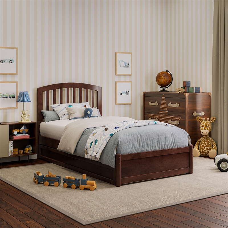 Lucia Twin Wood Platform Bed with Panel Footboard and Twin Trundle in Walnut